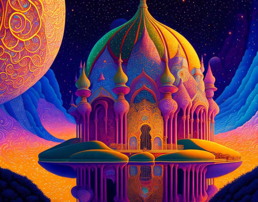 Colorful Fantasy Palace Illustration with Starry Sky and Moon