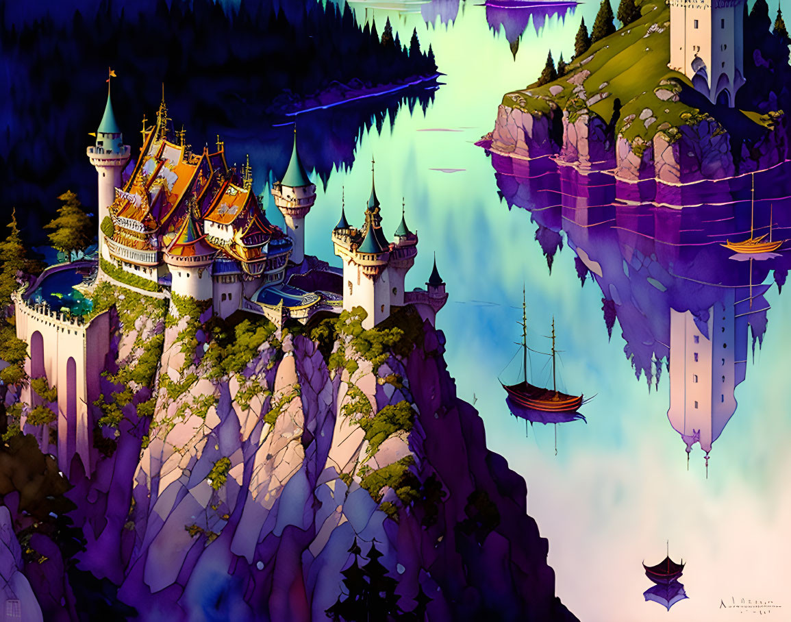 Fantastical cliff-top castle with flying ship and mirrored inverted castle.