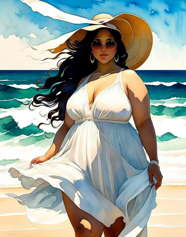 Illustration of woman in white sundress by the sea