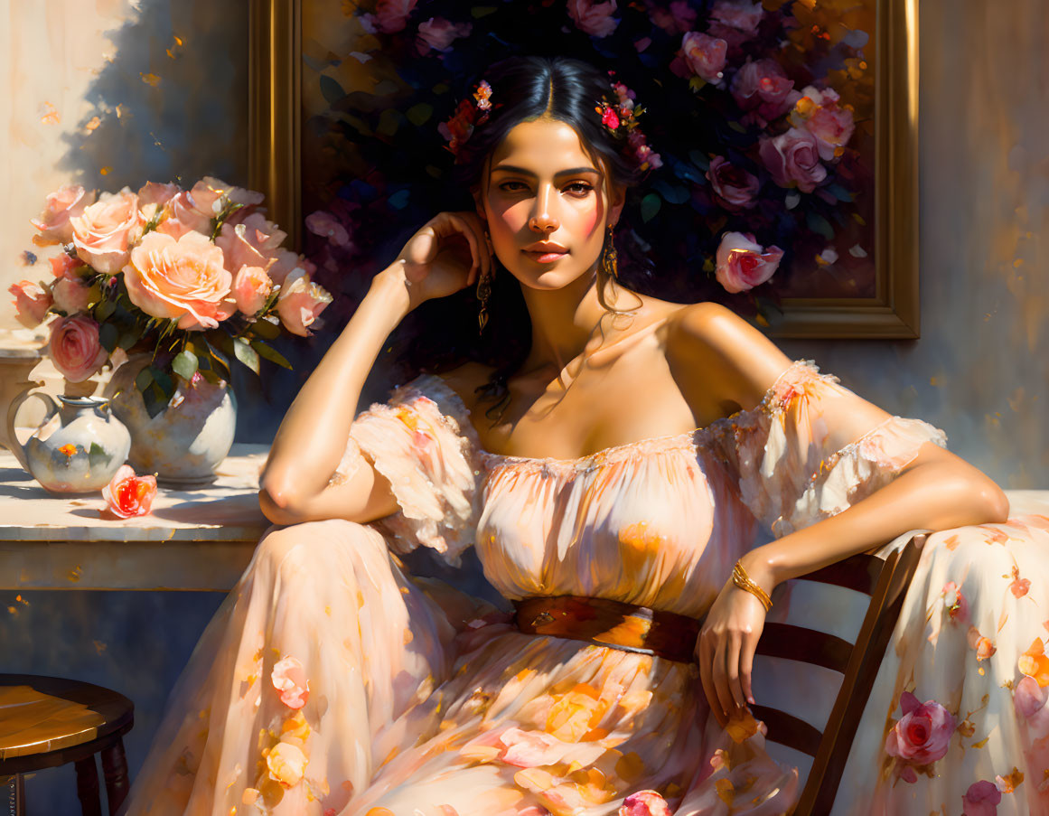 Woman in floral dress by sunlit window with roses, deep in thought