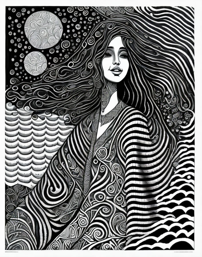 Monochrome artwork of stylized woman with flowing hair and celestial backdrop