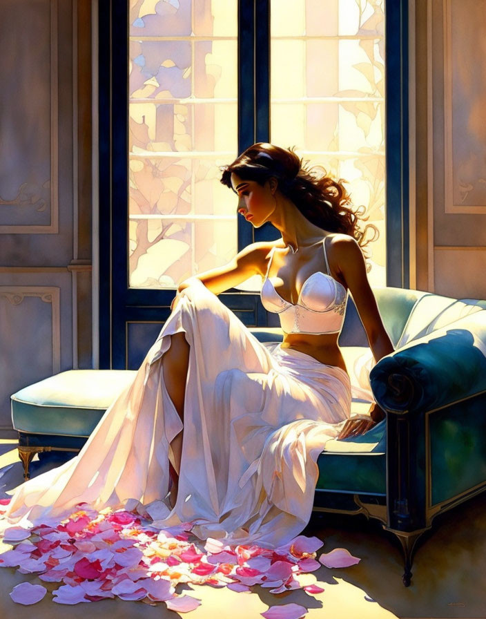 Illustrated woman in white dress on chaise lounge by window with pink petals