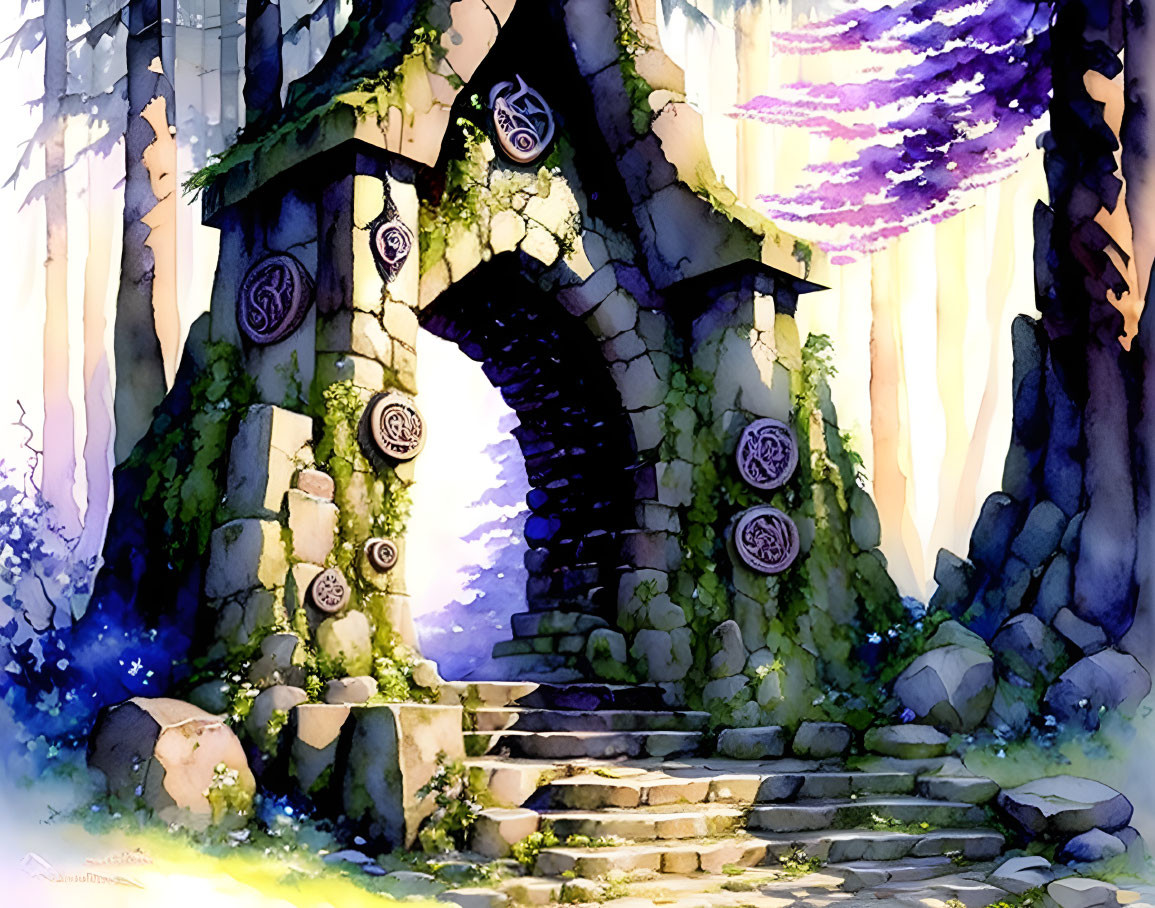 Vibrant Watercolor Illustration of Enchanting Forest Archway