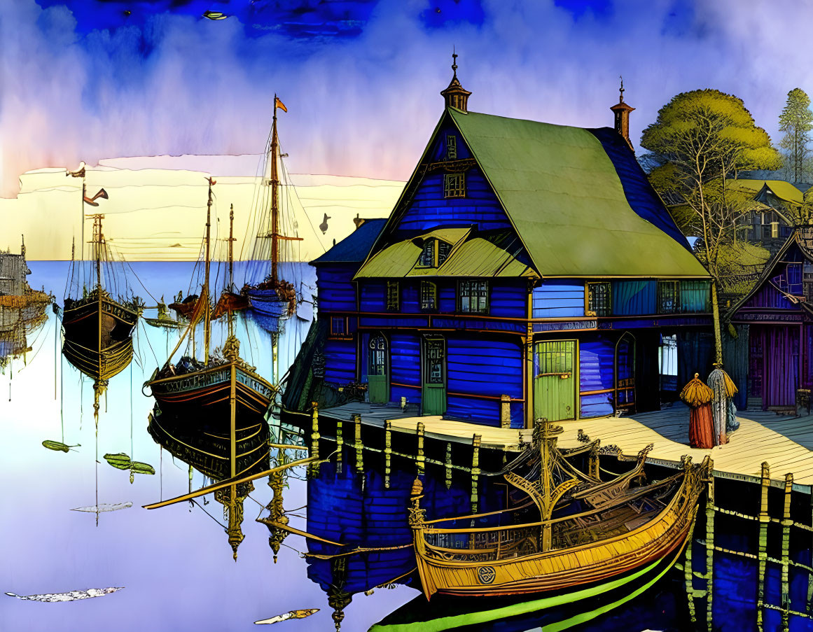 Vibrant medieval port scene with blue house, docks, sailing ships at sunrise or sunset