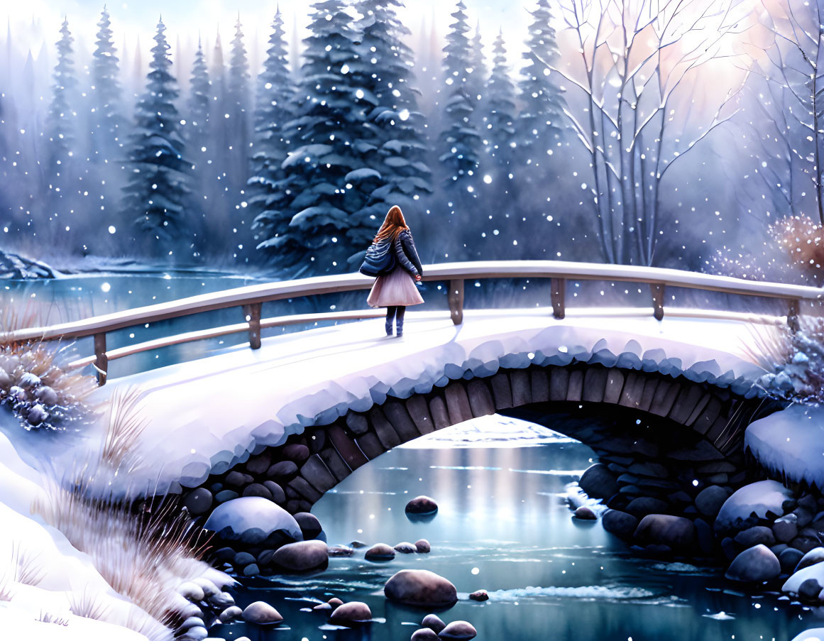 Person on snowy bridge in winter forest with falling snowflakes