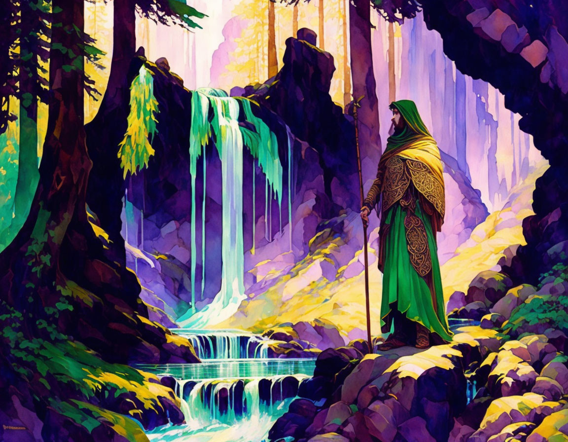 Cloaked figure with staff at vibrant forest waterfall