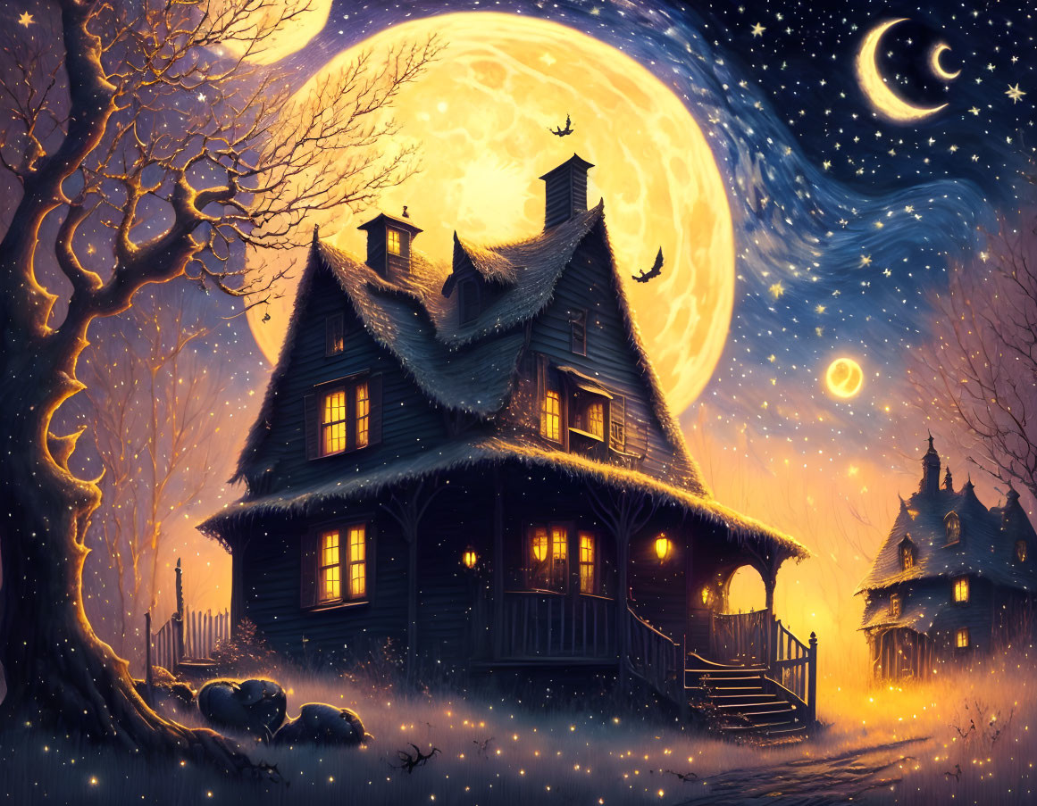 Full Moon Night Scene with Cottage, Snow-Covered Trees, and Flying Birds