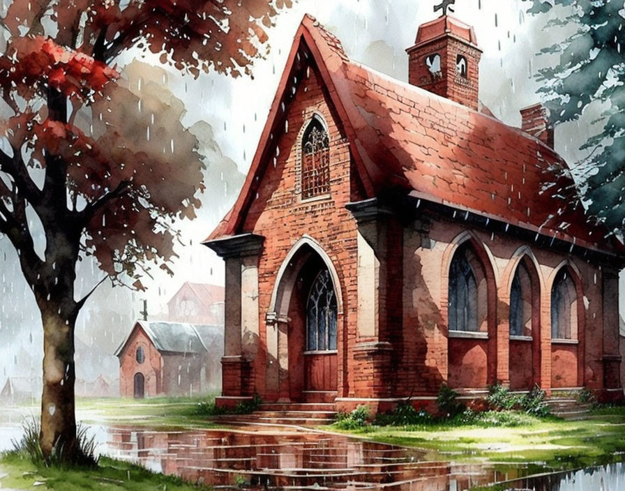 Watercolor painting of brick church with bell tower, trees, rainy sky, and puddles.