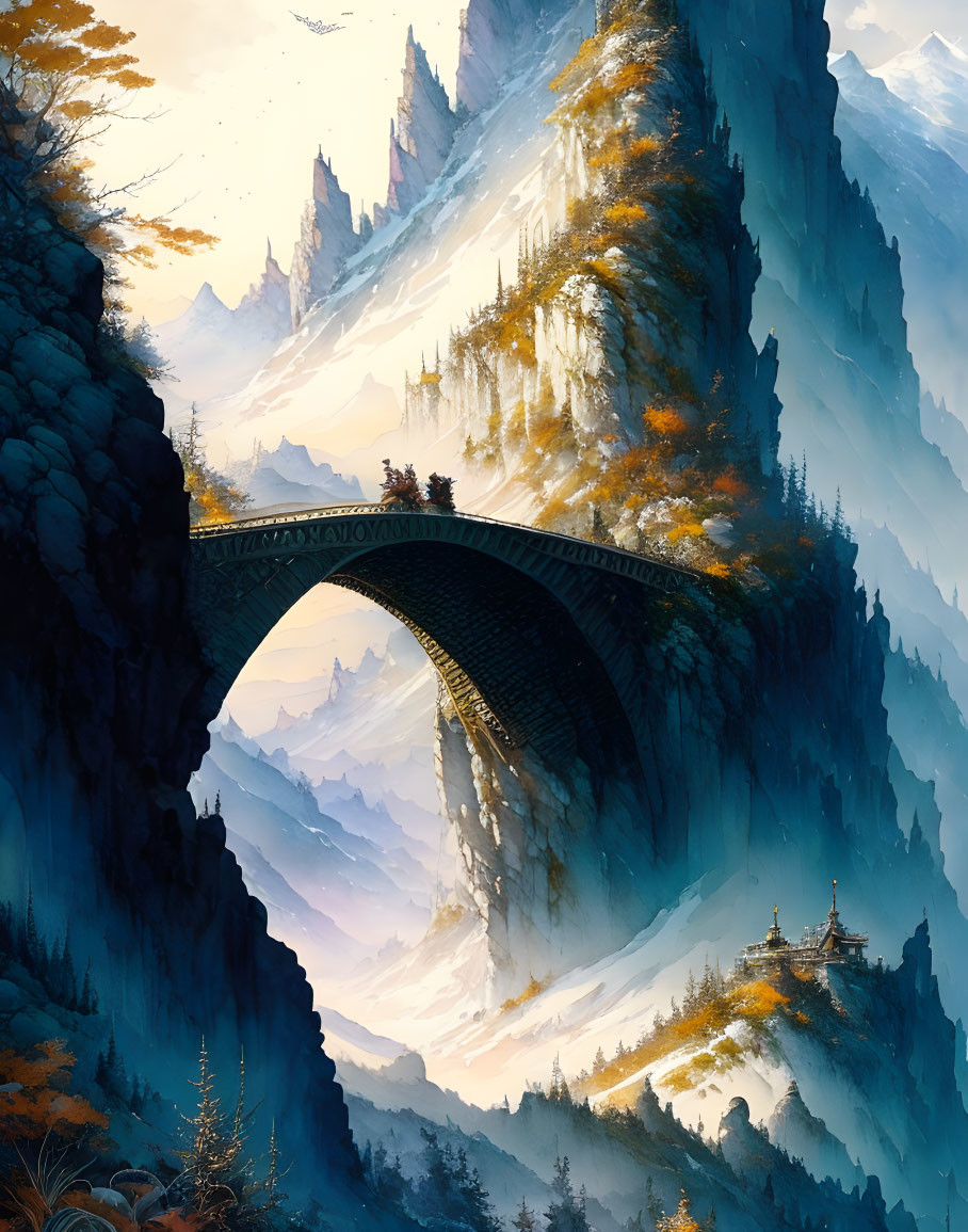 Snowy Mountain Arch Bridge Over Chasm with Golden Light