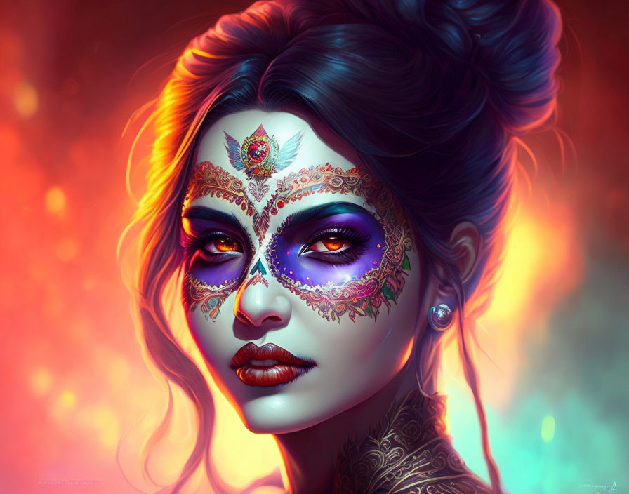 Colorful Face Paint Portrait Against Fiery Background