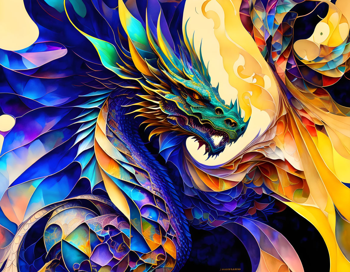 Colorful Mythical Dragon Artwork in Blue, Gold, and Orange