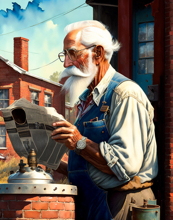 Elderly man in overalls reading newspaper by red-brick building