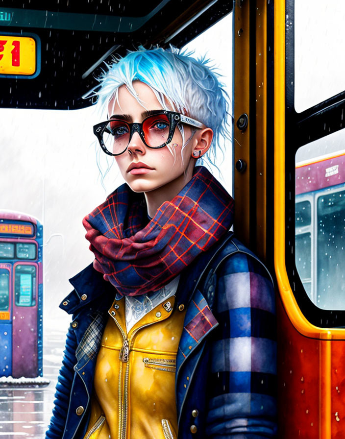 Person with Blue-Tinted Hair and Tartan Scarf in Snowy Bus Scene