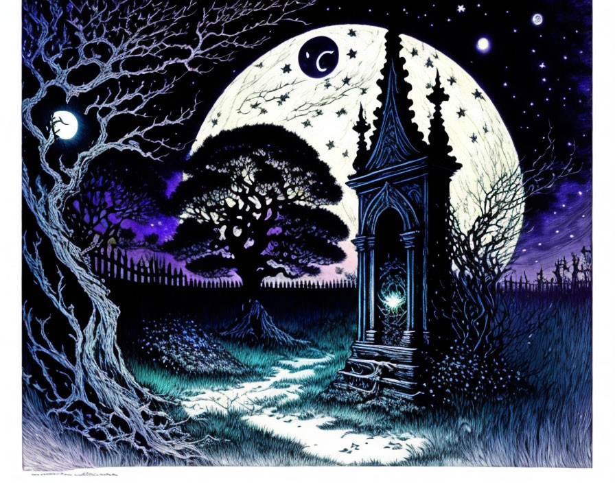 Moonlit gateway, twisted tree, meandering path: illustrated nighttime scene