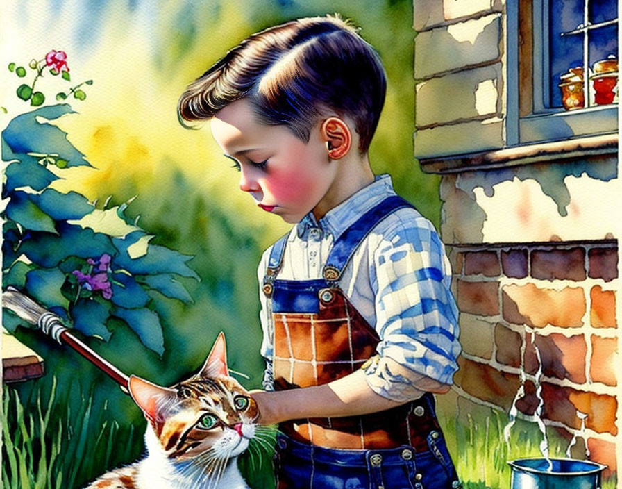 Young boy in denim overalls with cat in garden beside house