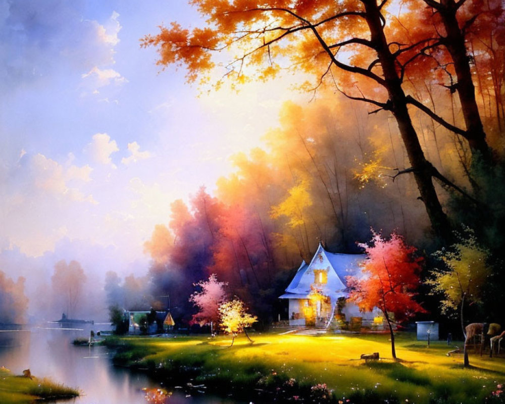 Tranquil autumn lake landscape with glowing cottage and misty backdrop