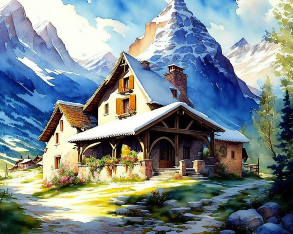 Scenic watercolor painting of mountain chalet in nature