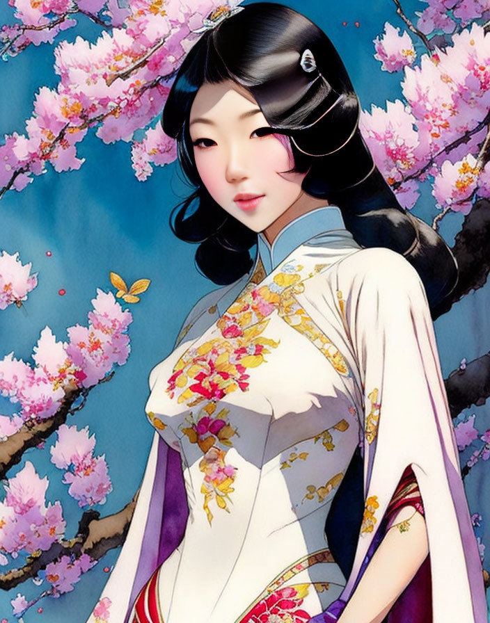 Illustration of woman in kimono with floral patterns under pink cherry blossoms