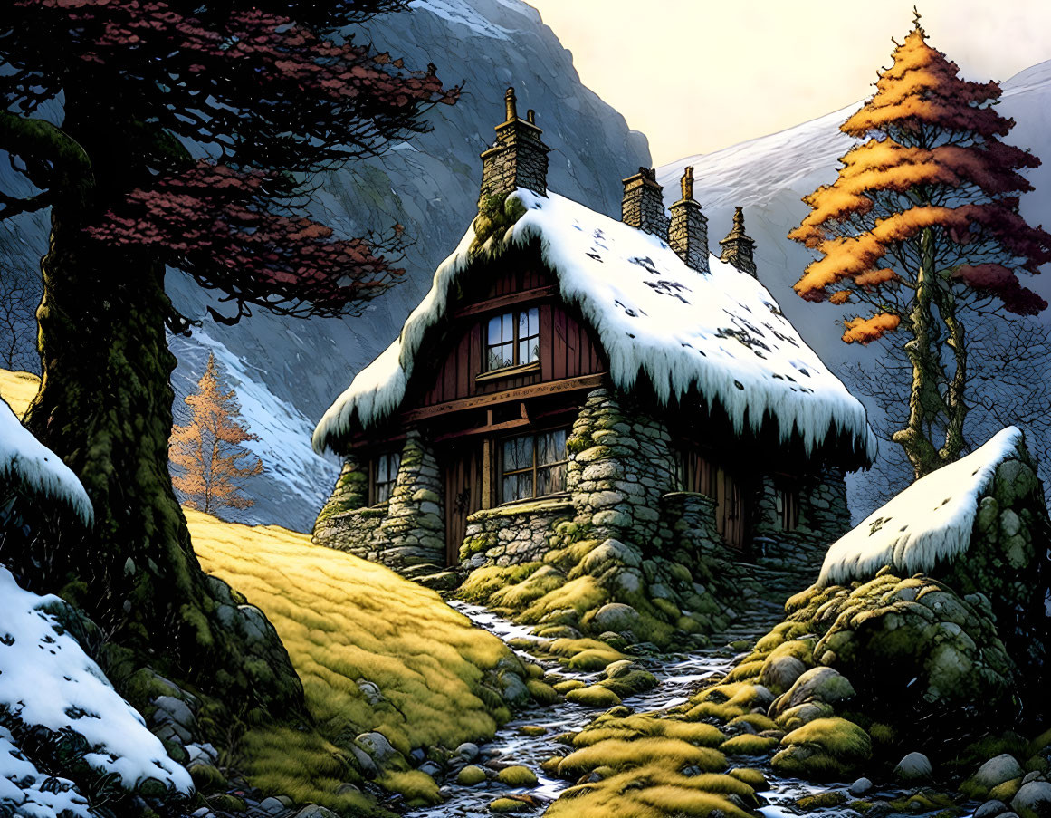 Snow-covered stone cottage in serene snowy mountain landscape with autumnal trees