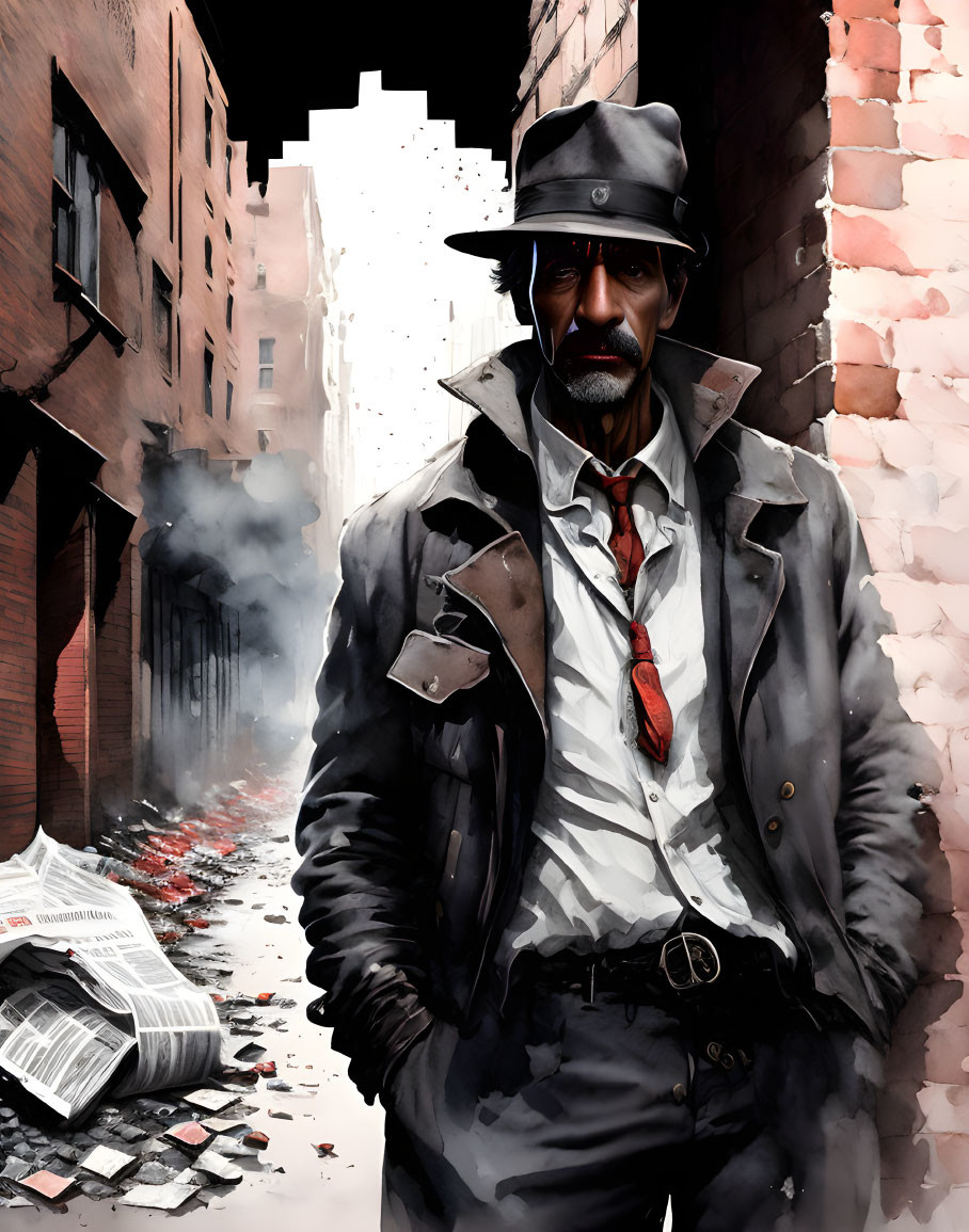 Man in fedora and trench coat in gritty alleyway with newspapers - classic noir detective vibe