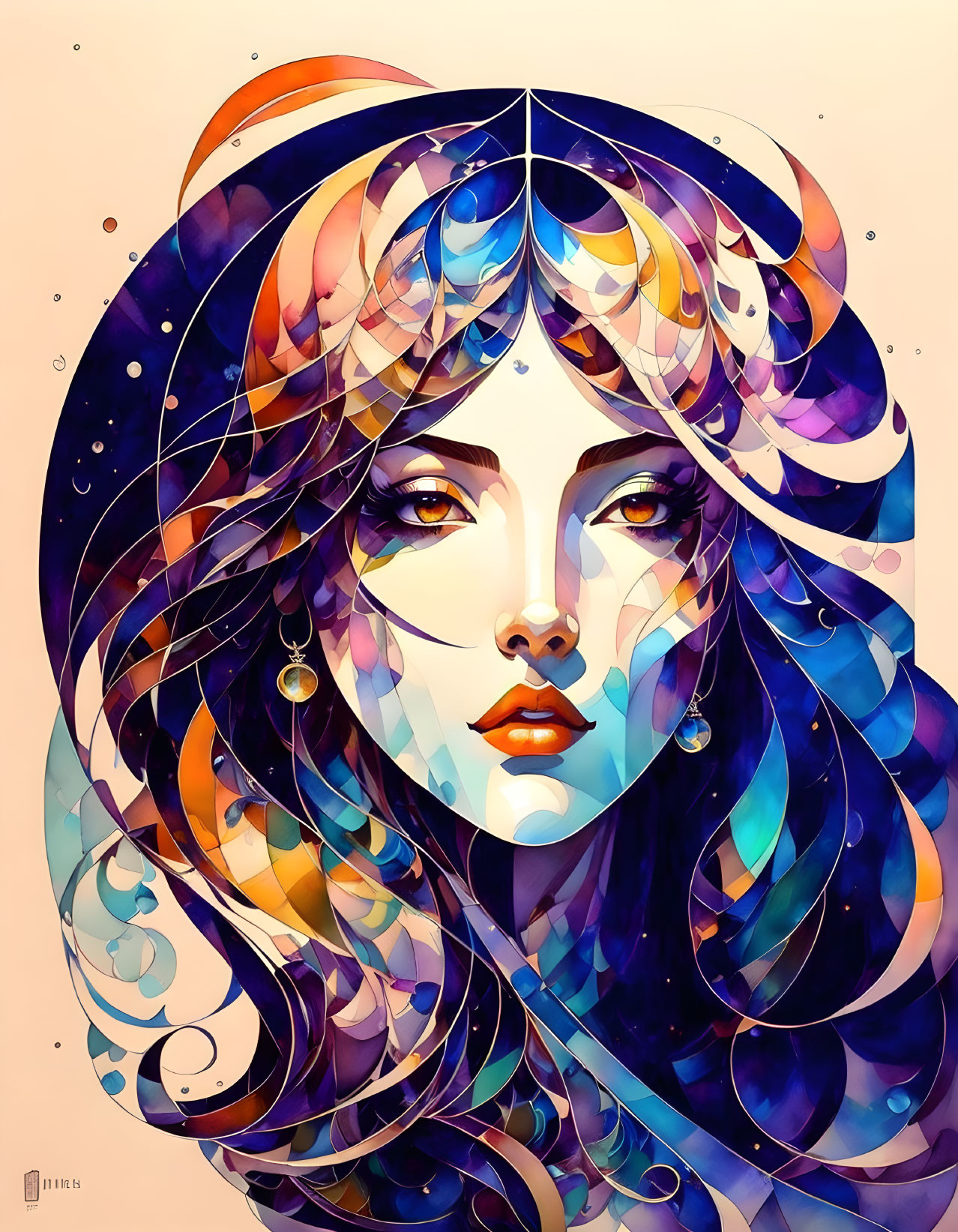 Vibrant mosaic portrait of woman with flowing hair in blues, purples, and oranges