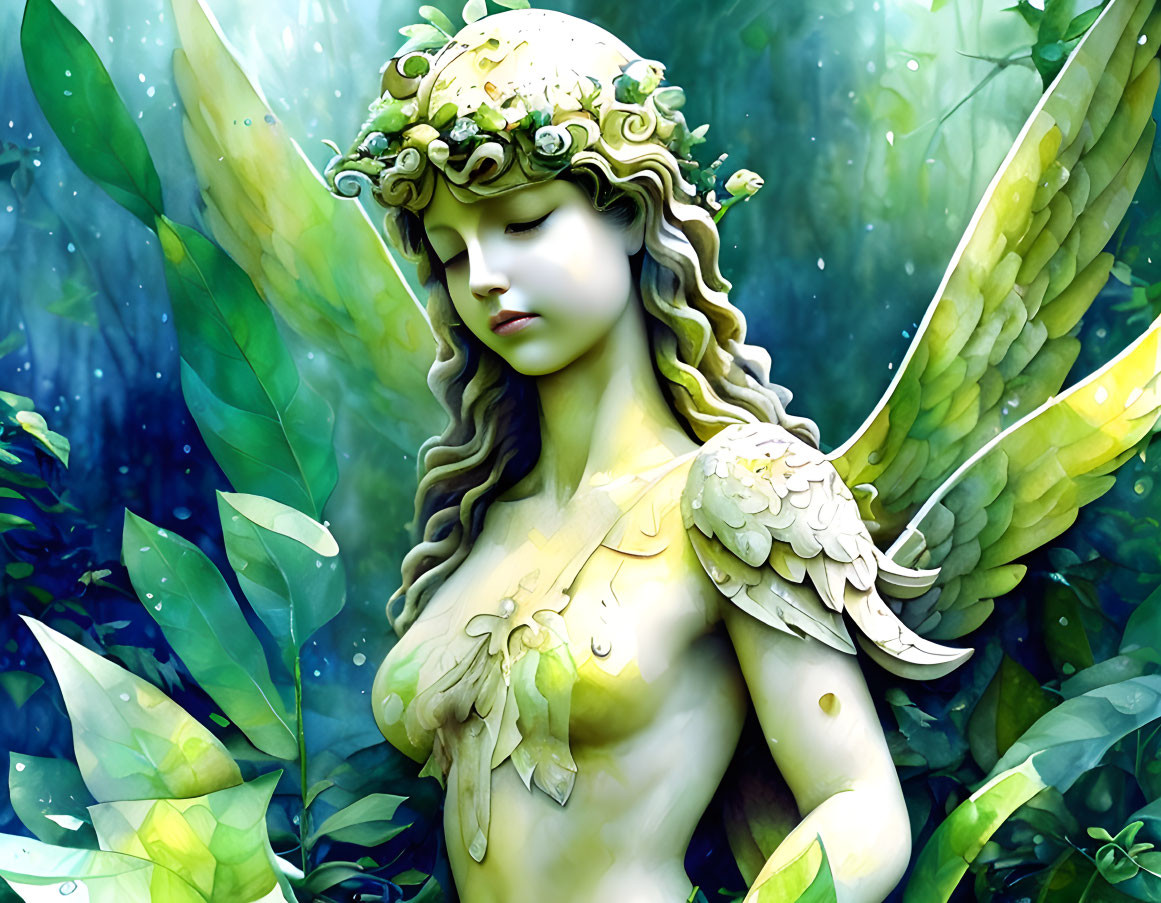 Ethereal winged being with floral crown in lush green foliage