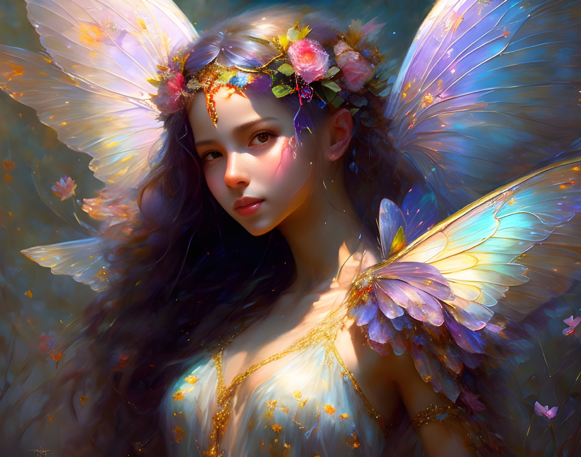 Fantasy female figure with iridescent butterfly wings and floral crown