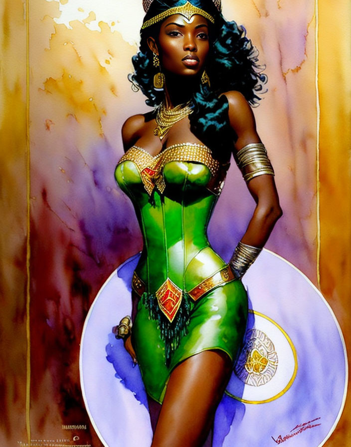 Regal woman in green and gold outfit with shield exudes confidence