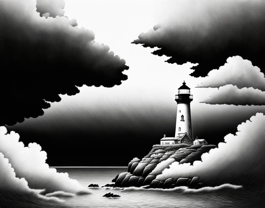 Monochrome illustration of lighthouse on rocky outcrop with dramatic sky and calm sea