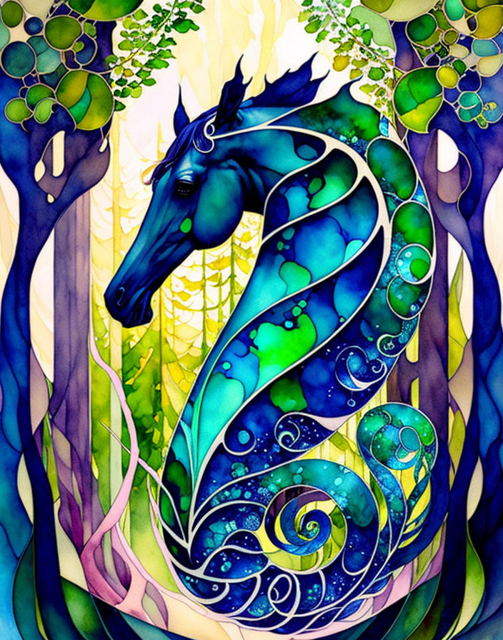 Vibrant horse illustration with swirling patterns on nature backdrop