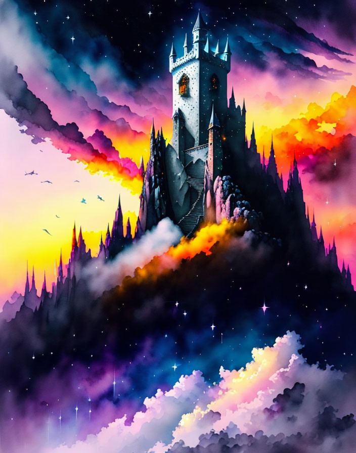 Colorful Castle Illustration on Rocky Peak with Starry Sunset Sky