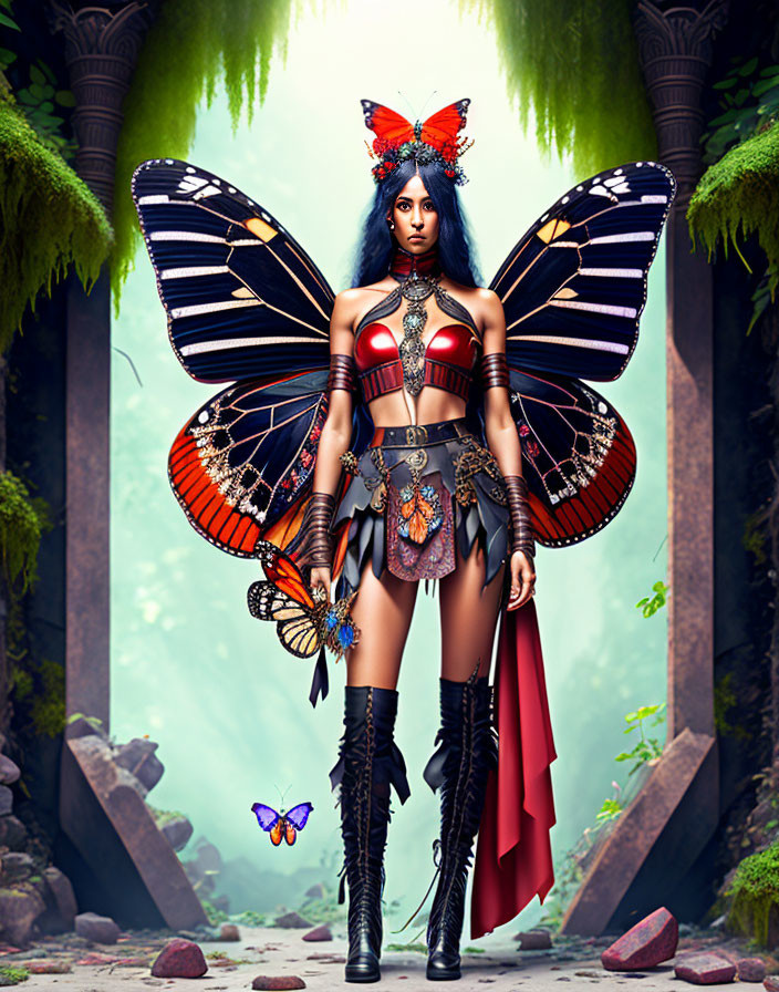 Fantastical female figure with butterfly wings in mystical forest