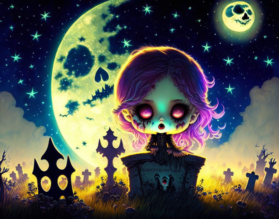 Whimsical graveyard scene with stylized character and full moon