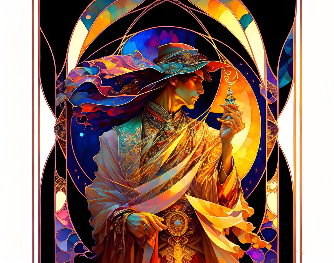 Colorful stained glass-style illustration of mysterious figure in ornate robes and wide-brimmed hat with