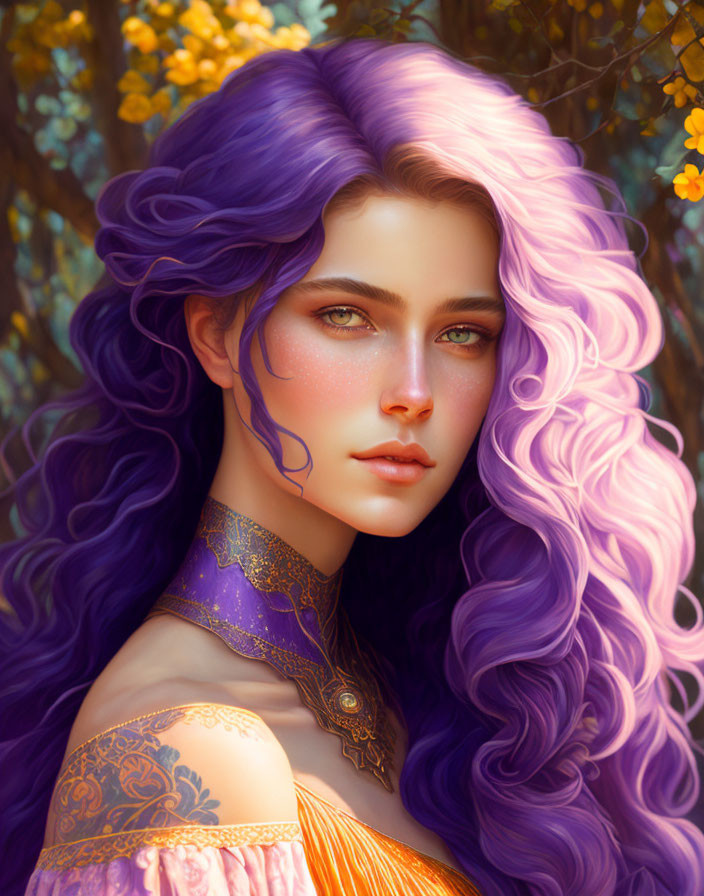 Digital artwork: Woman with purple hair, green eyes, gold tattoos on blurred foliage background