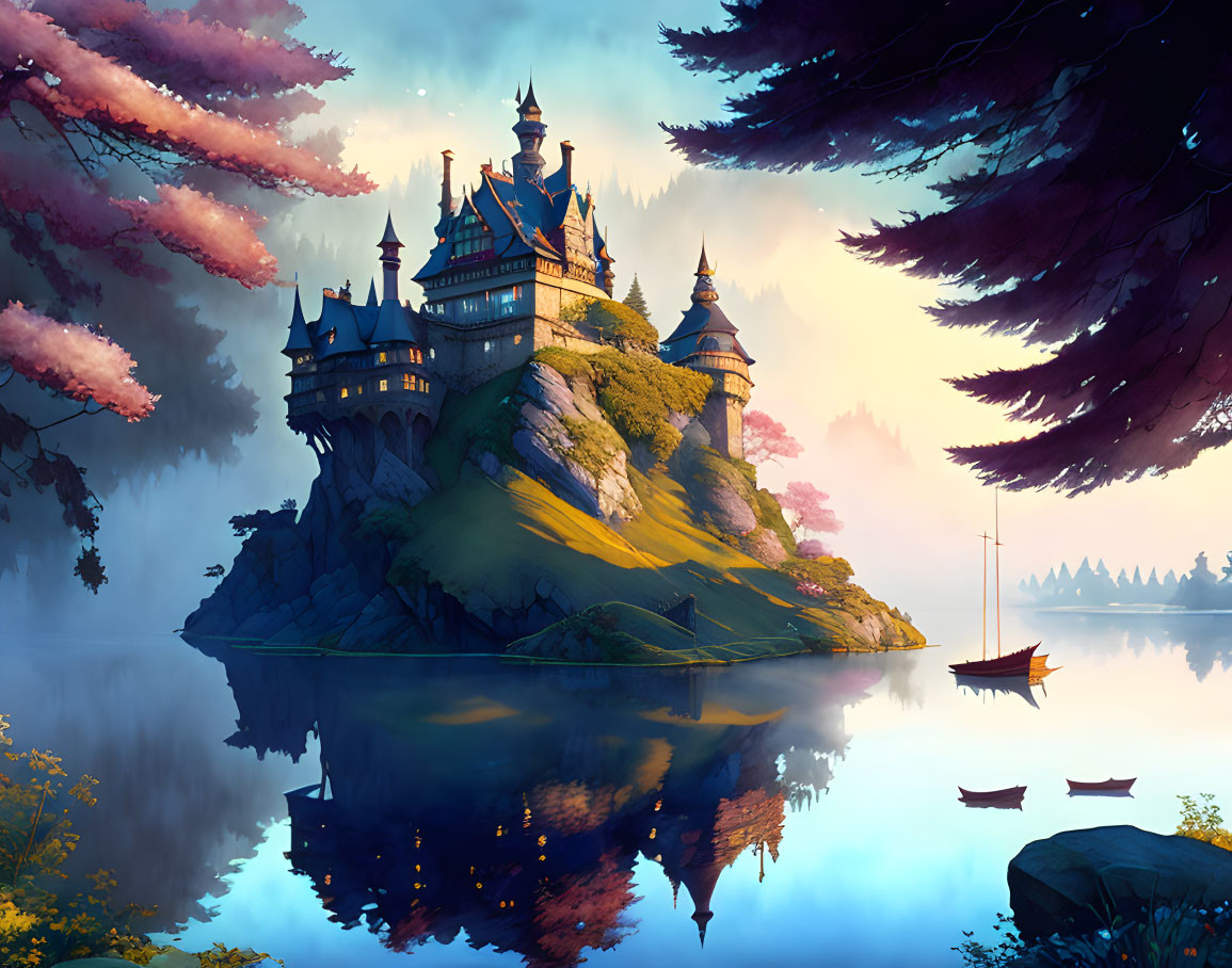 Majestic castle on cliff reflected in serene waters amidst lush trees and pink clouds