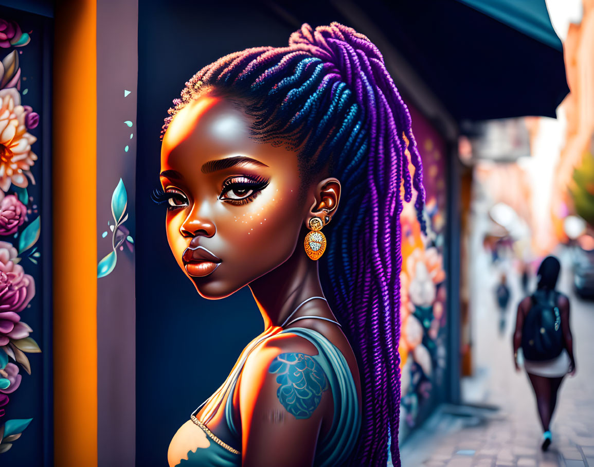 Digital artwork: Woman with purple braids, gold earrings, and tattoo, standing by decorated wall,