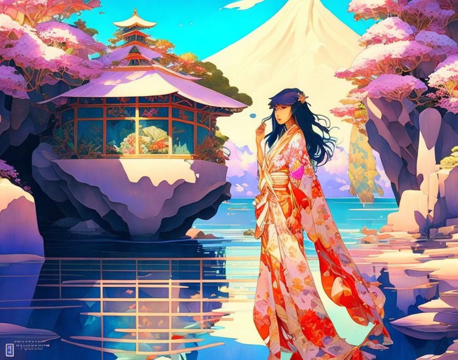 Woman in floral kimono by serene pond with Mount Fuji - Japanese scene.