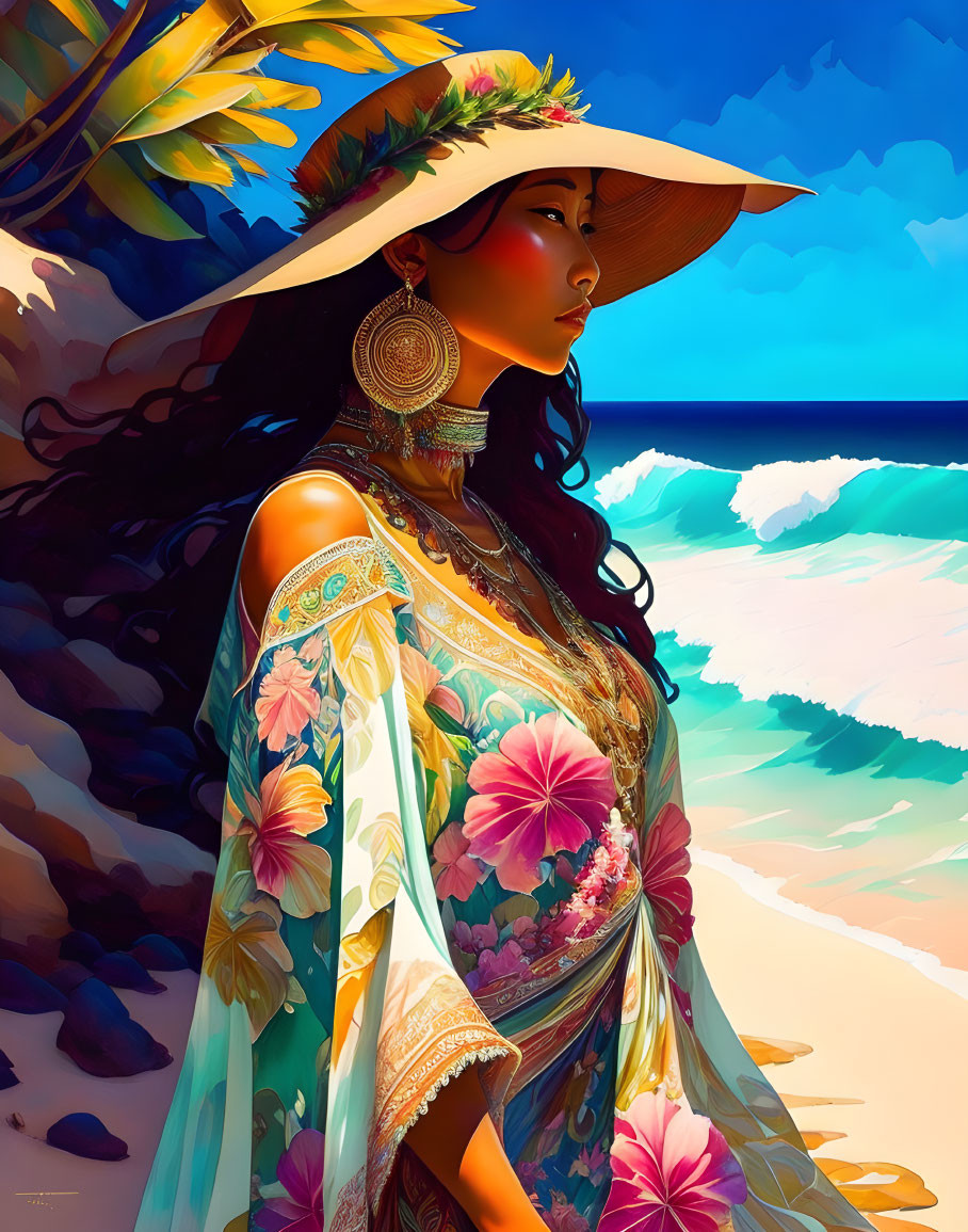 Illustrated woman in floral gown and hat by vibrant beach exudes serene elegance