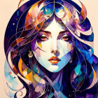 Vibrant mosaic portrait of woman with flowing hair in blues, purples, and oranges