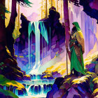 Cloaked figure with staff at vibrant forest waterfall