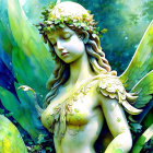 Ethereal winged being with floral crown in lush green foliage