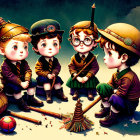 Four stylized children in vintage wizard attire with hats and wands beside magical orbs and a broom