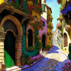 Vibrant cobblestone alley with colorful houses and blooming flowers under clear sky