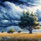 Dramatic landscape with large tree and stormy sky lightning