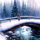 Person on snowy bridge in winter forest with falling snowflakes