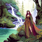 Female warrior in forest with waterfall, lush greenery, tranquil water