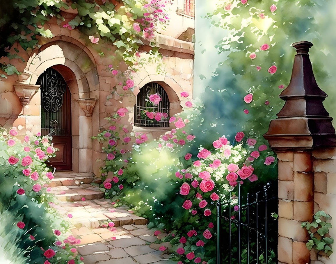 Stone Pathway with Wrought-Iron Gate, Pink Roses, and Rustic Chimney