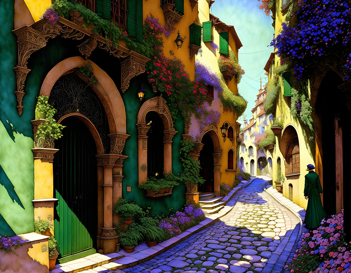 Vibrant cobblestone alley with colorful houses and blooming flowers under clear sky