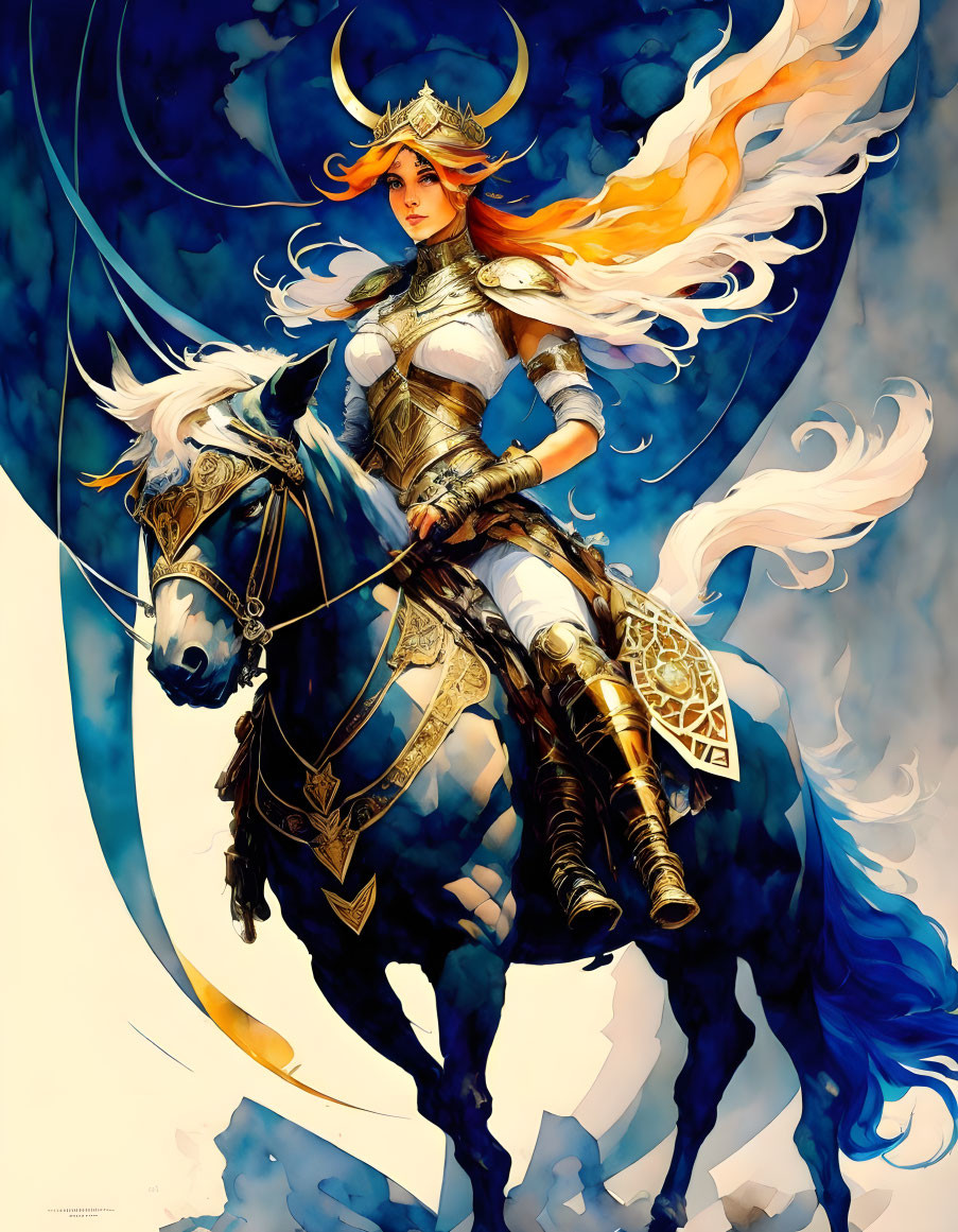 Female warrior in shining armor on black horse with crescent moon.